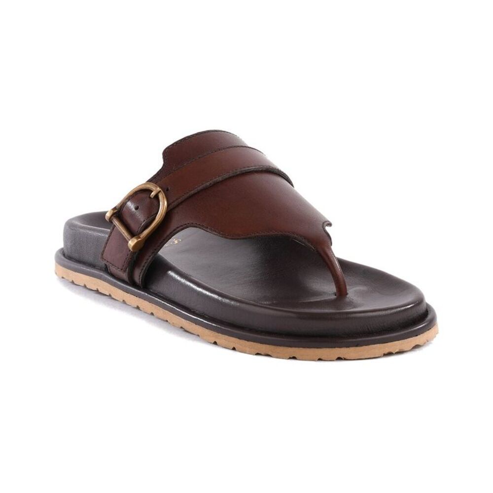 Seychelles Brown Leather Thong Sandals with Gold Buckle